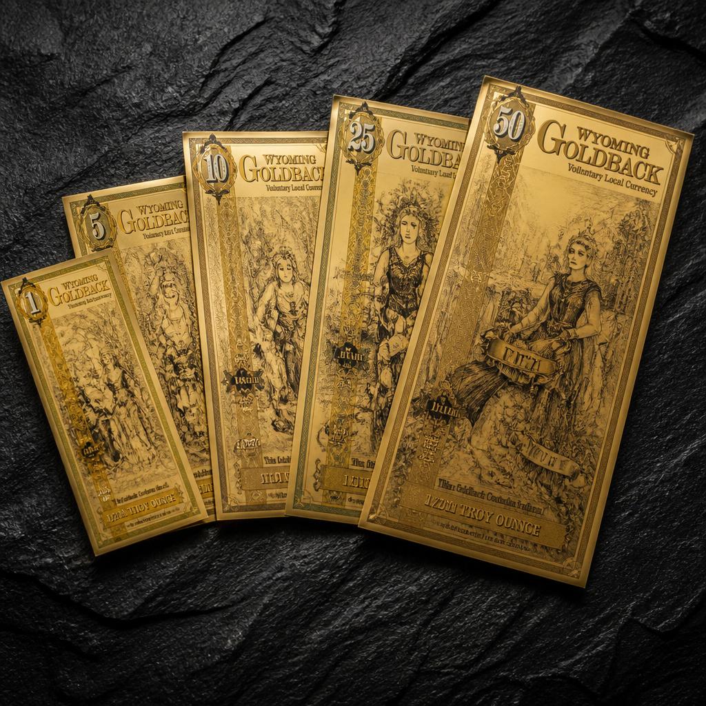 Goldback gold notes fanned out showing multiple denominations